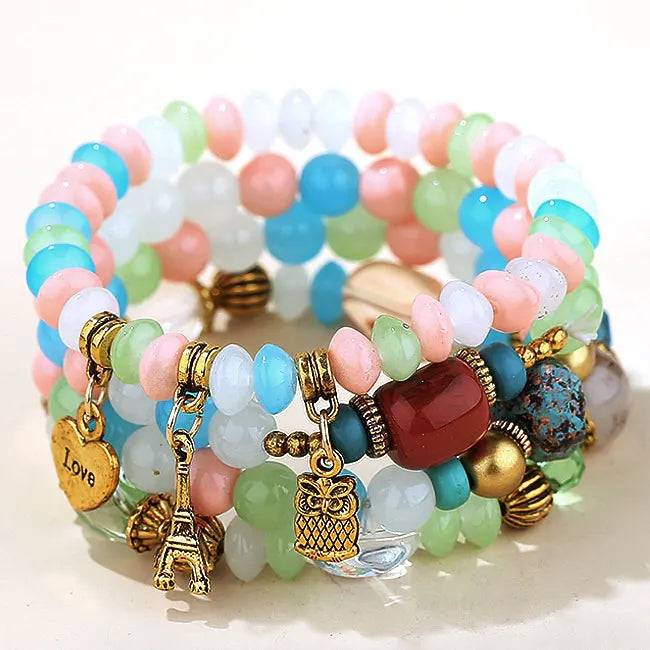 Candy Color Multilayer Bohemia Bracelets Resin Beads Stone Bracelets Sets Bijoux Owl Charm Bracelet Femme Jewelry