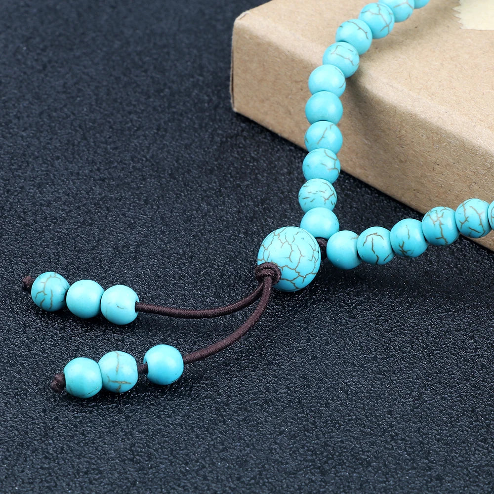 Men Beaded Necklace & Bracelet 108 Beads Tibetan Buddha Wrap Bracelets Women Handmade Blue Synthetic Turquoises Prayer Jewelry