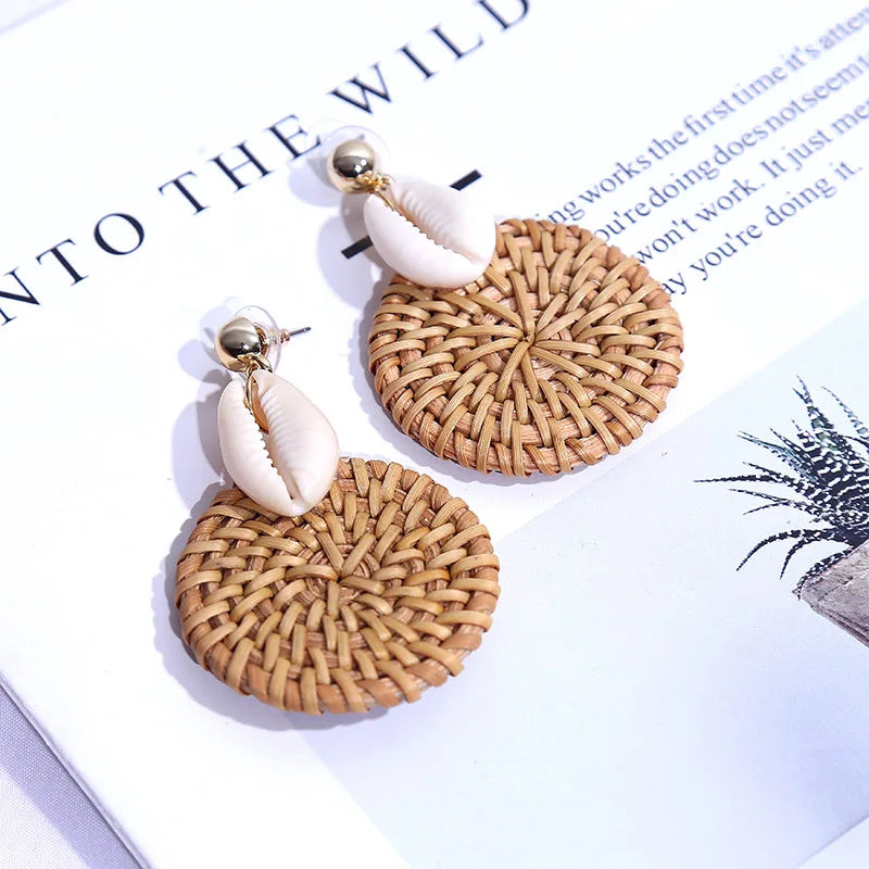 Hemasa Korean Style Fashion Handmade Natural Shell Rattan Drop Earrings For Women
