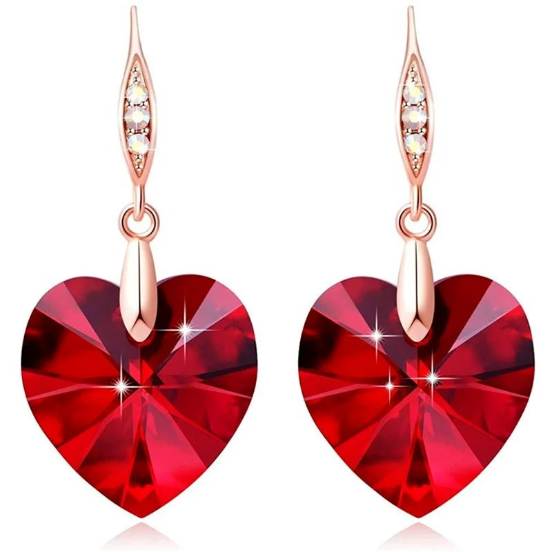 Rose Gold Heart Crystals Drop Earrings for Women Girls Birthday Fashion Jewelry Gifts
