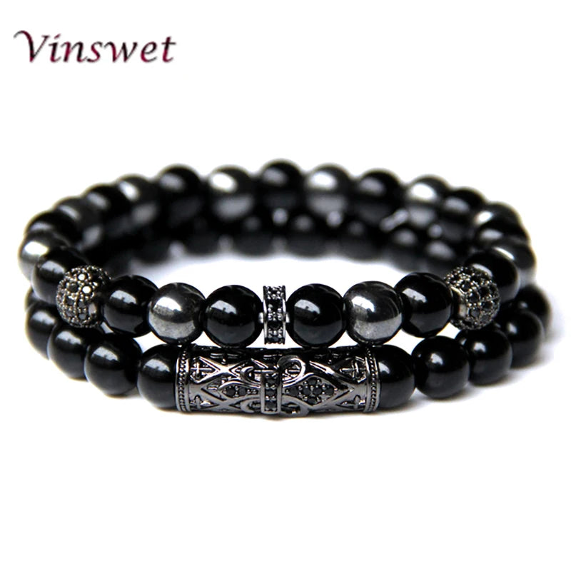 Fashion 2pcs Bead Bracelet Men Natural Tiger Eye Hematite Obsidian Beaded Bracelets Homme Energy Stretch Bracelet Men Jewelry