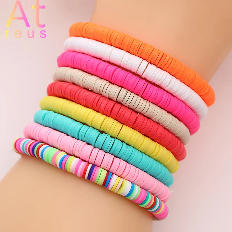 Hemasa 9Pcs Multi colour polymer clay Flat Beads Bracelet for Women