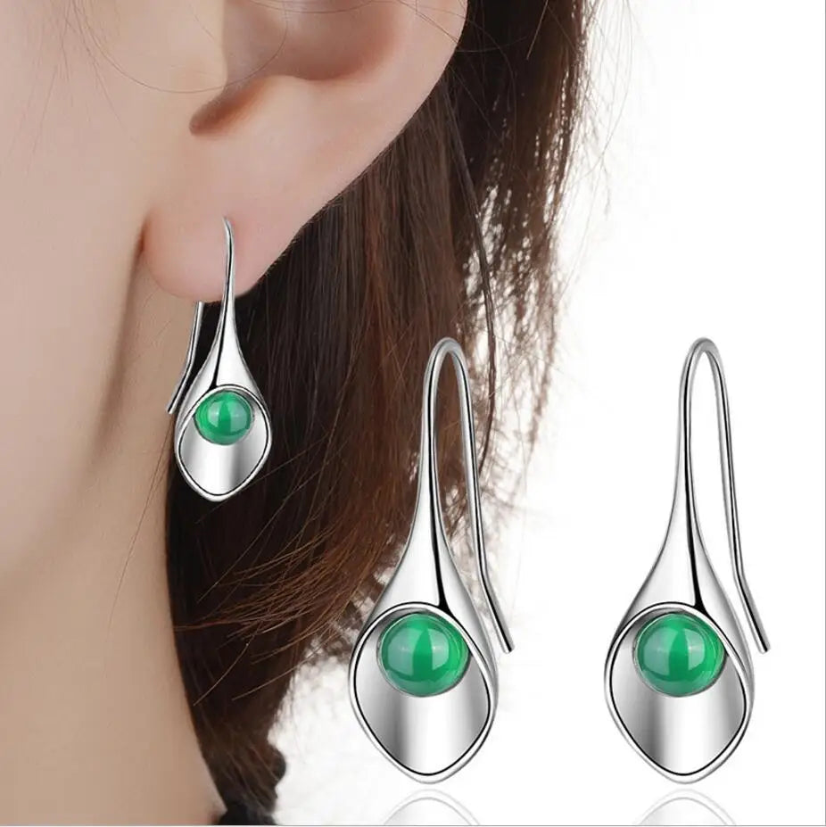 Ear Hook 925 Sterling Silver Green And Red Onyx Flowers Shape Long Earrings For Women Vintage Sterling-silver-jewelry E189