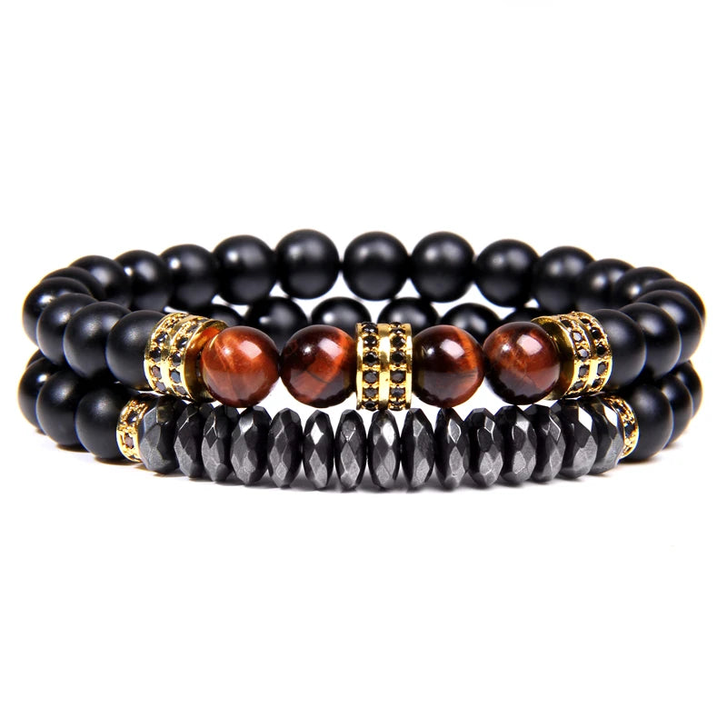 Fashion 2pcs Bead Bracelet Men Natural Tiger Eye Hematite Obsidian Beaded Bracelets Homme Energy Stretch Bracelet Men Jewelry