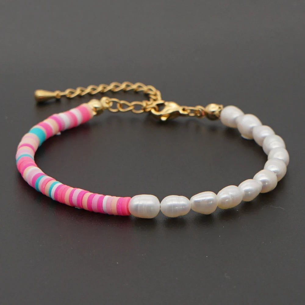 Go2Boho Women Jewelry Polymer Clay Summer Beach Freshwater Baroque Pearl Bracelet Heishi Beads Bracelets Stainless Steel Chain