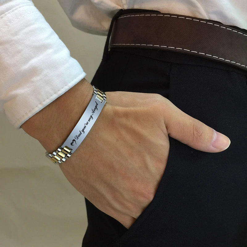 Vnox Customize TO DAD Bracelets for Men Glossy Stainless Steel Link Chain Engrave Thanks Quotes Casual Qualified Jewelry Gift