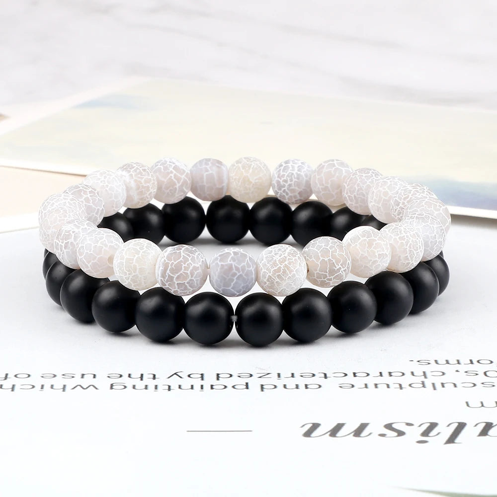 Heamsa 2pcs Men Beads Bracelet Natural Crack Weathered Stone Black Onyx Bangles Stretch Couple Distance Bracelets Yoga Wrist Jewelry