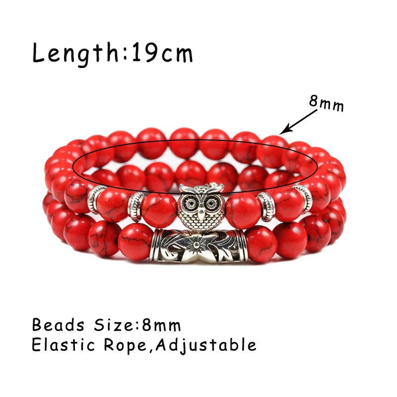 2pcs/set Owl Bracelet Blue Pine Beads Bracelets Classic Natural Lava Stone Bead Bangles Charm Men Pulseras Mujer Bijoux Armband