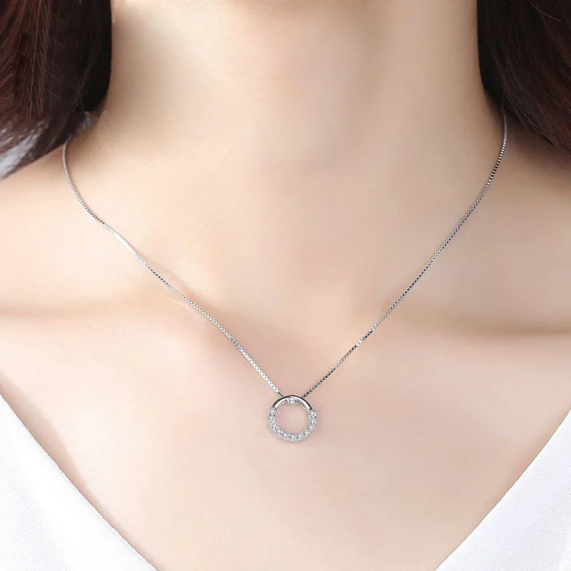 New Fashion 925 Sterling Silver Jewelry Fine Round Zircon Pendant Necklaces Women Gift Semi Circle Rhinestone CZ Clavicle Chain
