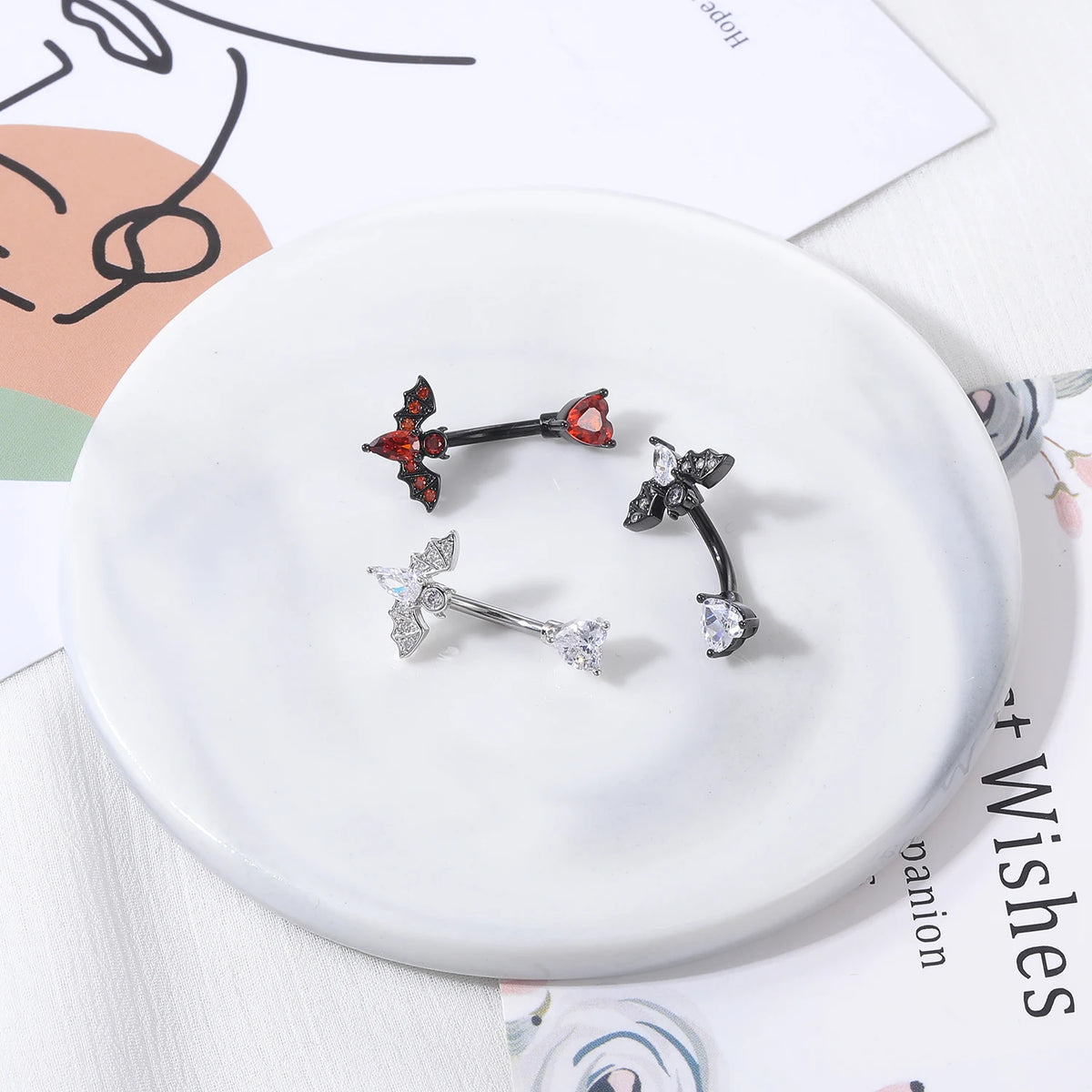 ZS 14G Bat Belly Button Ring Crystal Bat Navel Piercing Black Plated Body Piercing  Red Zircon Bat Belly Piercing Jewelry Women
