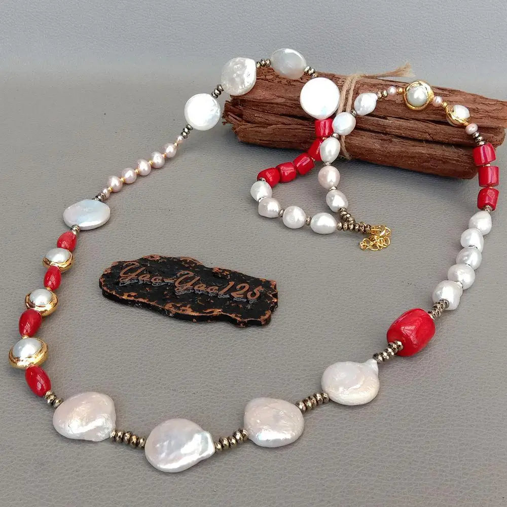 YYGEM Red Coral tube Hematite Rondelle  natural Freshwater White Baroque  Pearl Sweater chain Necklace 33'' For Women Gift