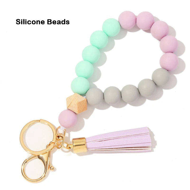 Silicone Keychain For Keys Tassel Wood Beads Bracelet Keyring For Women Accessories Multicolor Keychain Wholesale Hot Sale 2022