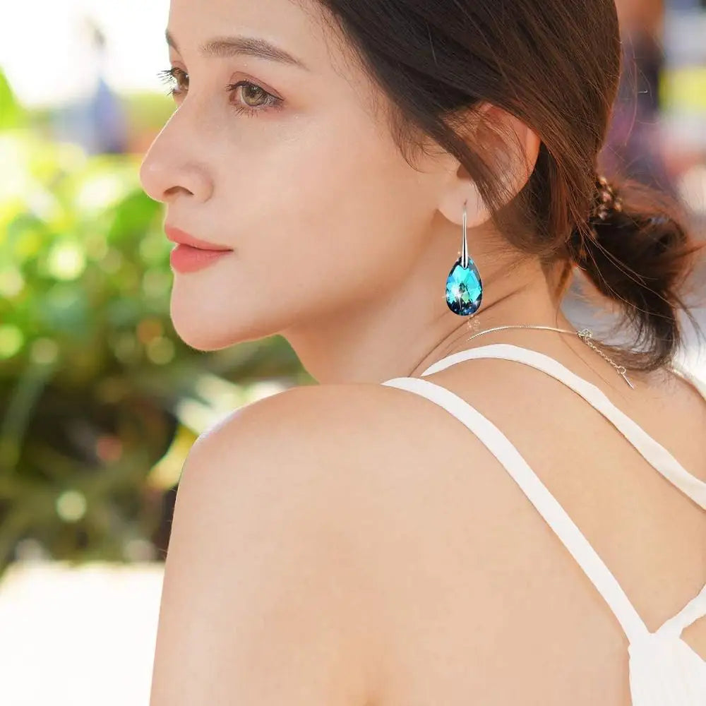 Korean Pear-shaped Drop Earrings Genuine Crystal from Austria Rhinestone Dangle for Women Party Silver Color Big Pendant Jewelry