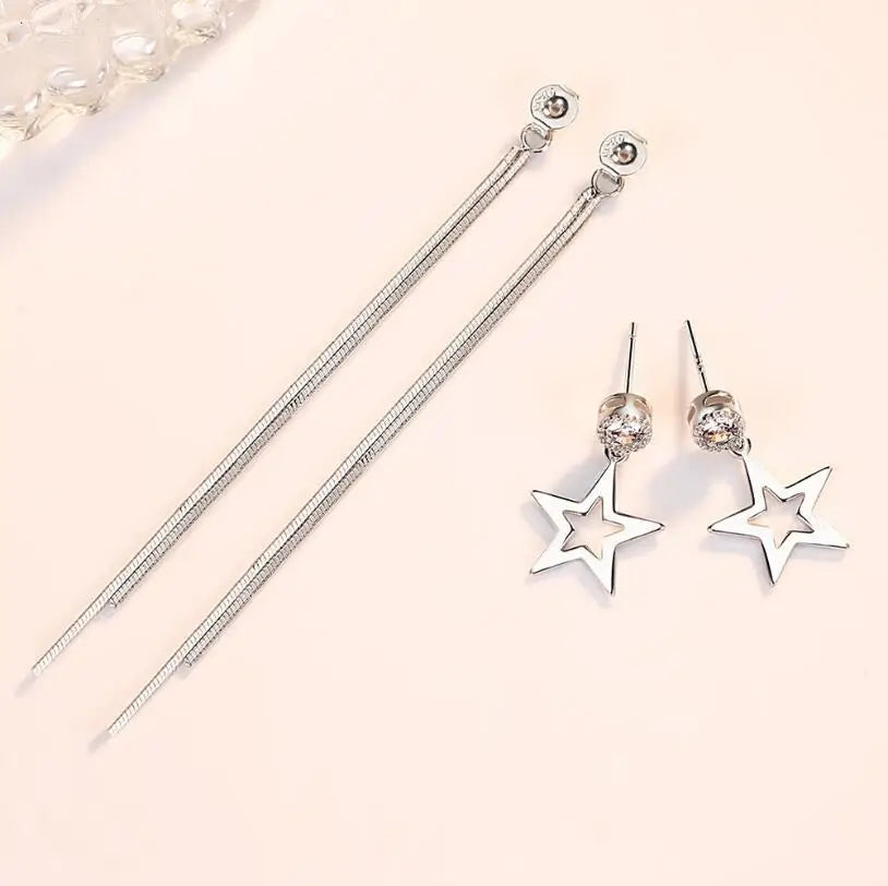 925 Sterling Silver Tassel Earrings For Women Zirconia Star Long Earrings Chain oorbellen Boucle d'oreille New Trendy S-E865