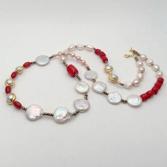 YYGEM Red Coral tube Hematite Rondelle  natural Freshwater White Baroque  Pearl Sweater chain Necklace 33'' For Women Gift
