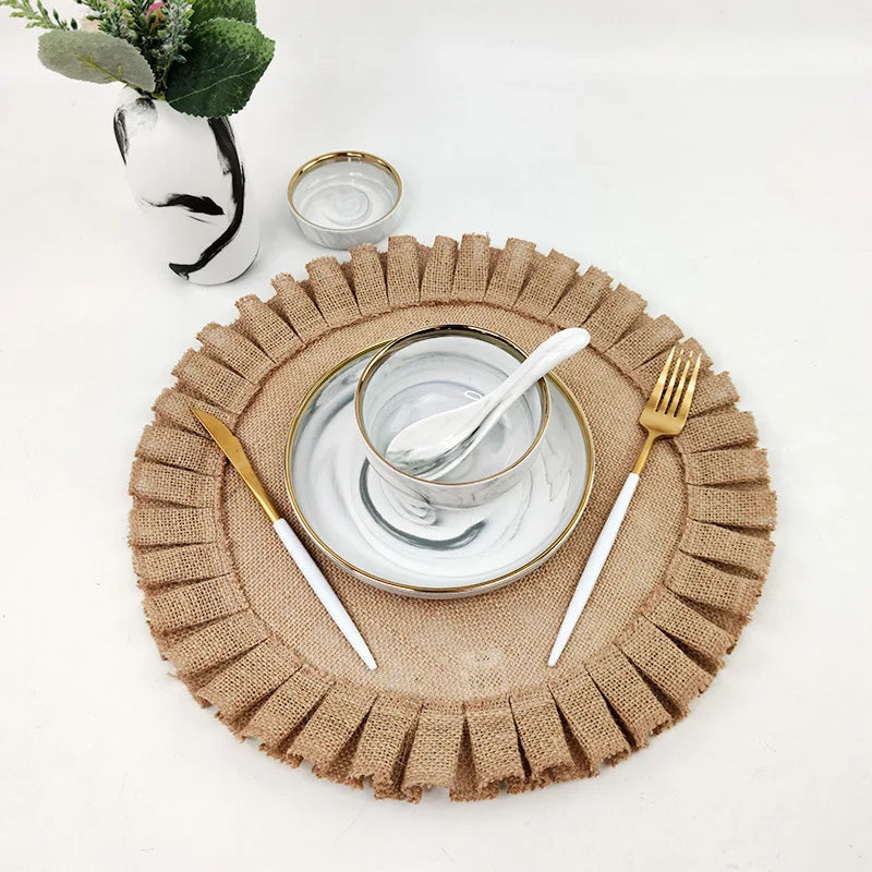 Hemasa 2Pcs  Round Jute Folds Lace Placemats / Natural Color Heat Insulation Pads
