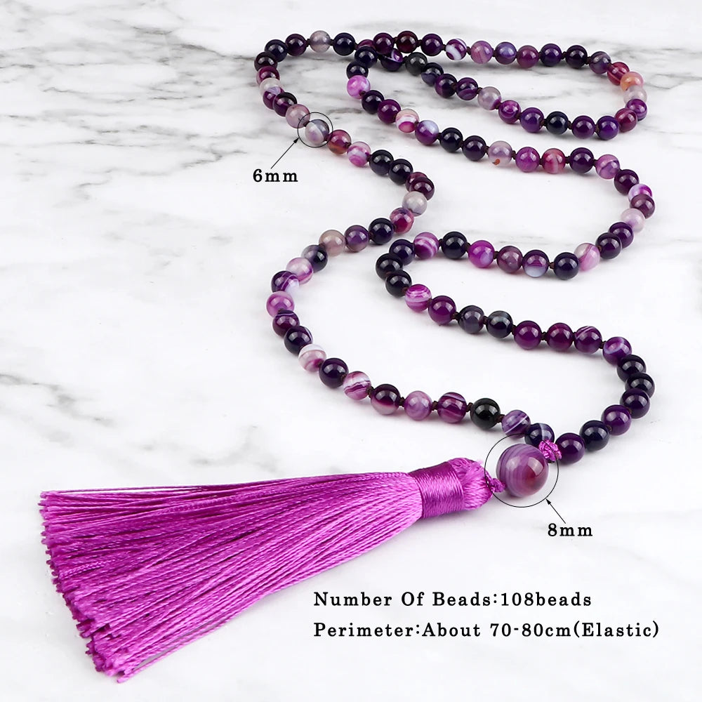 Women Mala Bohemian Tassel Necklace 108 Beads Natural Stone Purple Stripe Onyx Stone Beaded Necklace Buddhist Buddha Jewelry