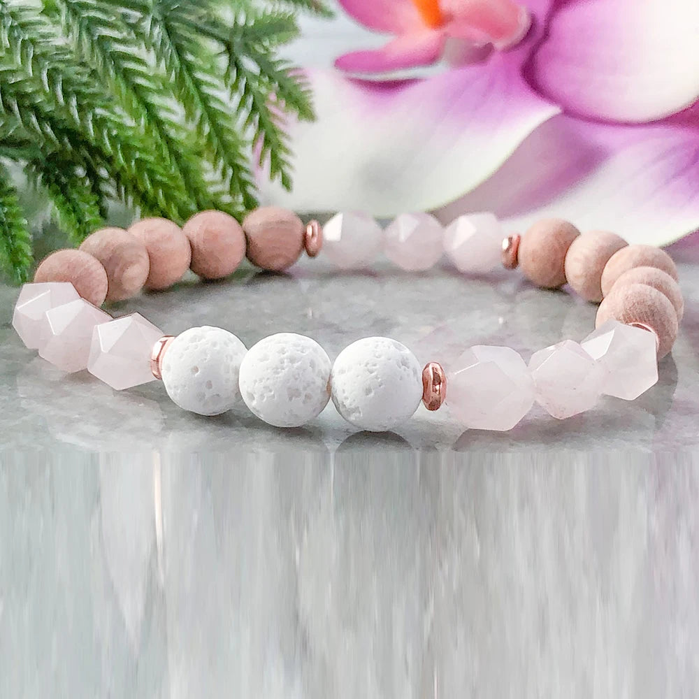 Hemasa Rose Quartz Lava Stone Bracelet /Natural Rosewood Beaded Bracelet Essential Oil Diffuser Energy Bracelet