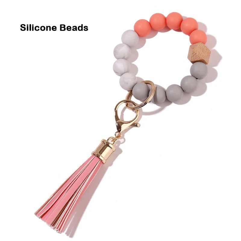 Silicone Keychain For Keys Tassel Wood Beads Bracelet Keyring For Women Accessories Multicolor Keychain Wholesale Hot Sale 2022