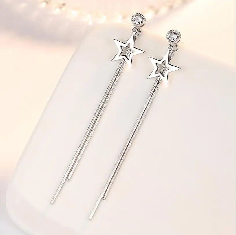 925 Sterling Silver Tassel Earrings For Women Zirconia Star Long Earrings Chain oorbellen Boucle d'oreille New Trendy S-E865