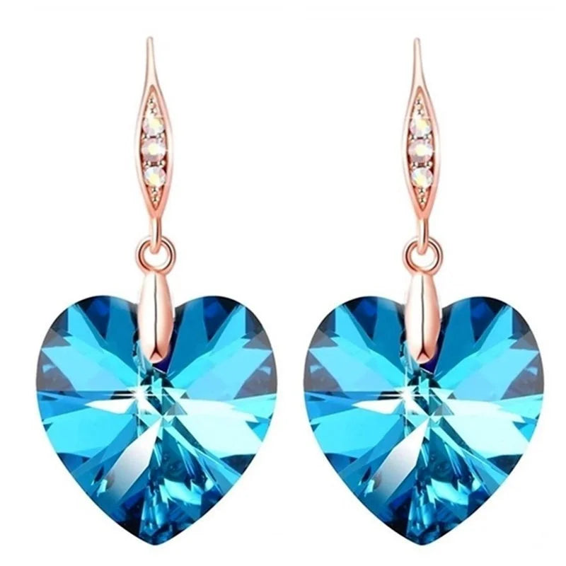 Rose Gold Heart Crystals Drop Earrings for Women Girls Birthday Fashion Jewelry Gifts
