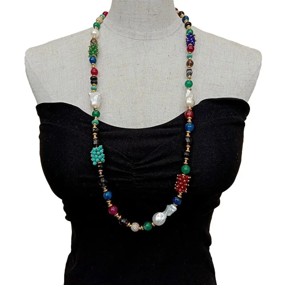 YYGEM Different shape Smoky Quartz Agate Turquoise 16x26mm  Freshwater Cultured White Keshi Pearl Long Necklace 33"
