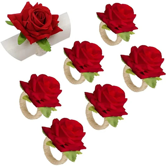 6pcs Red Rose Shape Handicraft Towel Buckle Napkin Ring Wedding Party Valentine's Day Hotel Table Decor Metal Gold Napkin Holder