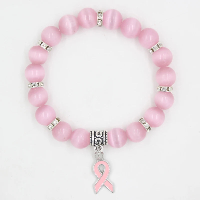 Hemasa  Breast Cancer Awareness Jewelry White/ Pink Opal Beaded Bracelet with Ribbon Charm
