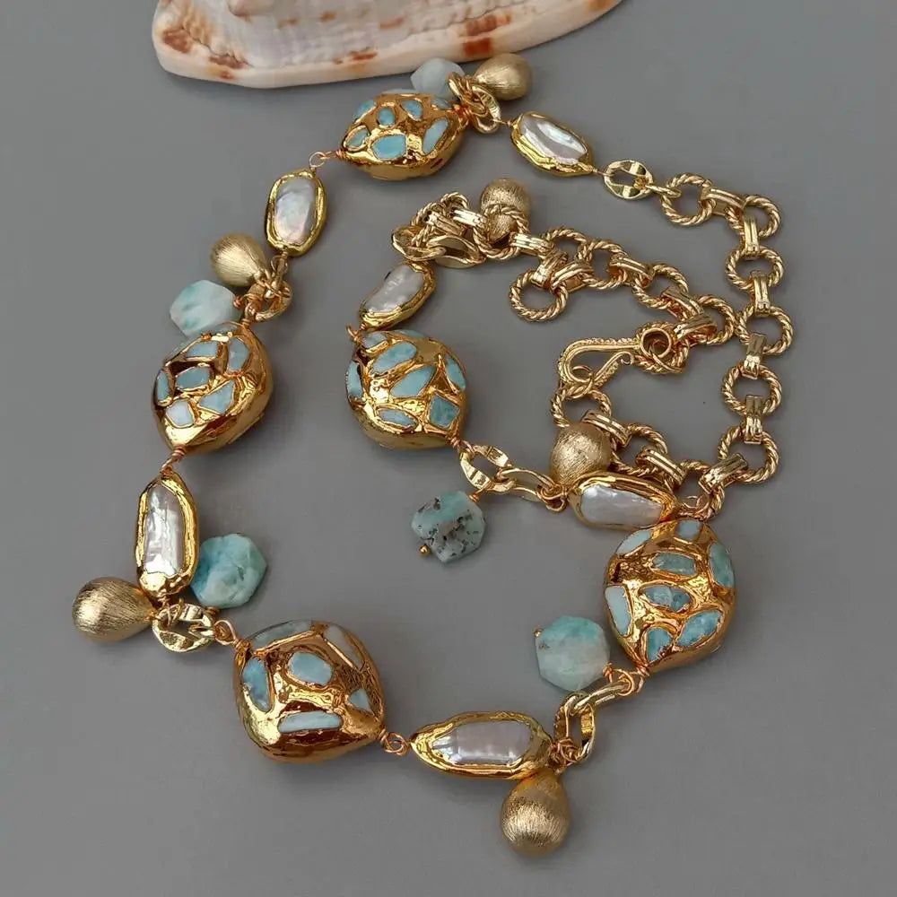 YYGEM natural Cultured White Biwa Pearl natural blue larimar chips beads pave Gold Plated Chain Long Necklace 30"