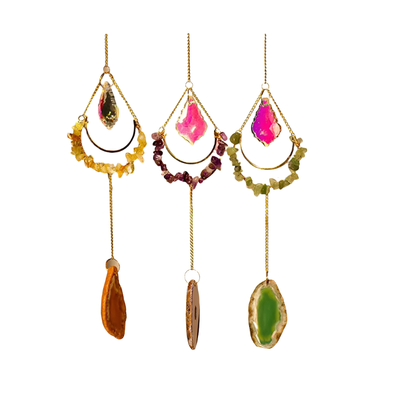 crystal spiritual heal decor Wind chimes hanger natur mixed quartz crystal crescent moons Sun catchers for gift