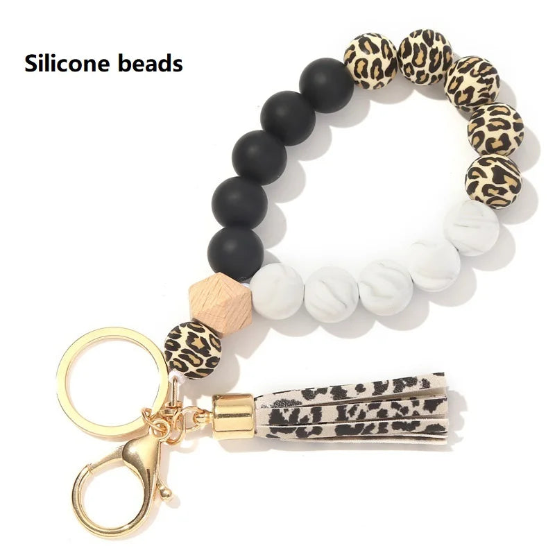 Silicone Keychain For Keys Tassel Wood Beads Bracelet Keyring For Women Multicolor Beads Keychain Fashion Keychain Wholesale