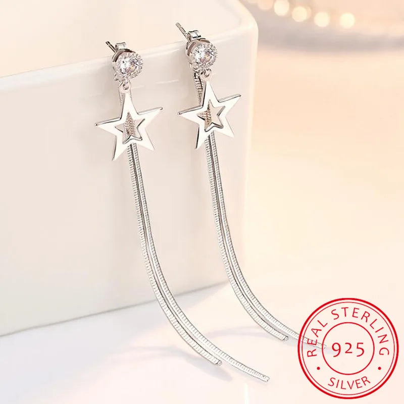 925 Sterling Silver Tassel Earrings For Women Zirconia Star Long Earrings Chain oorbellen Boucle d'oreille New Trendy S-E865