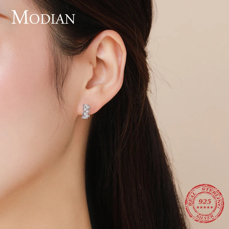 Modian 925 Sterling Silver Luxury Emerald Cut Stud Earrings for Women Dazzling Clear CZ Hypoallergenic Ear Pins Fine Jewelry