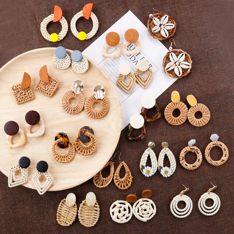 Hemasa Bohemia Handmade Wooden Drop Earrings /Vintage Straw Weave Rattan Vine Braid Round Wood Geometric Earrings