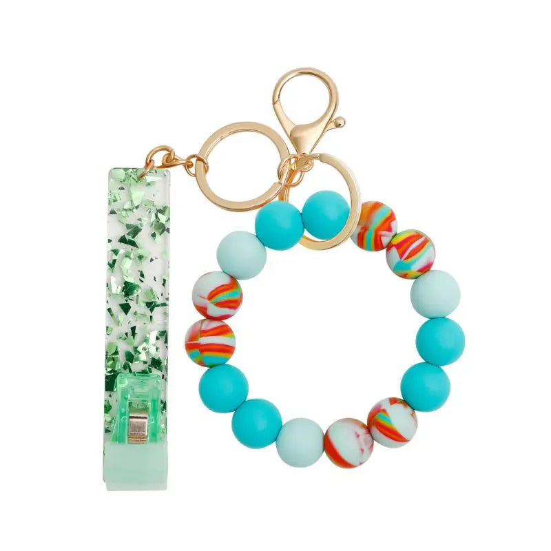 Silicone Keychain with Safe Card Picker Rainbow Color Silicone Beads Women Keyrings Barcelet Fashion Keychains For Keys Bag Car
