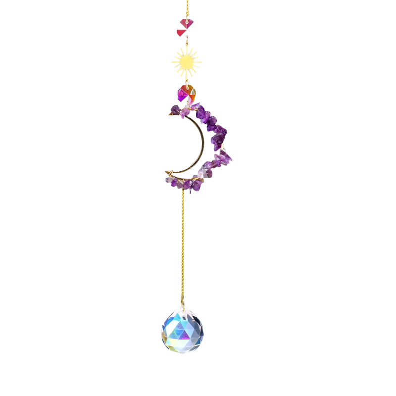 fashion jewelry crystal spiritual heal decor wind bells hanging natural mix quartz crystal crescent moon Sun catchers for gift