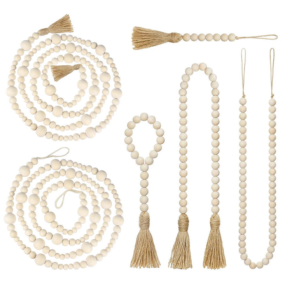 Wooden Handmade boho DIY Rattan Natural Wood Bead Garlands Macrame home decor Farmhouse Rustic Tassel Decoration Wall Hanging