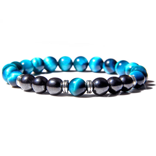Natural Polished Blue Tiger Eye Stone Bracelets For Women Men Fashion Classic Elastic Hematite Bracelets Femme Bangle  Jewelry