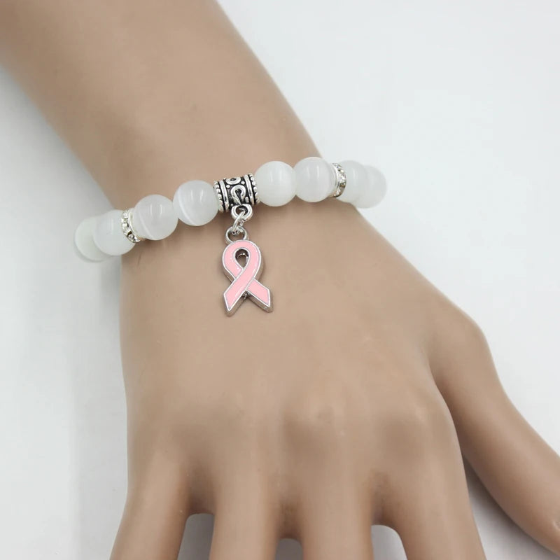 Hemasa  Breast Cancer Awareness Jewelry White/ Pink Opal Beaded Bracelet with Ribbon Charm