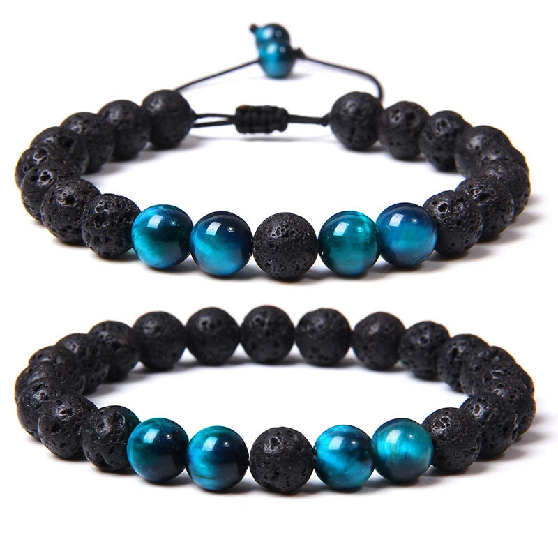 Tejesa 2pcs Men Bracelet 8mm Natual Stone Tiger Eye Beads Bracelet Round Onyx Beaded Adjustable Bracelet Jewelry Women Men