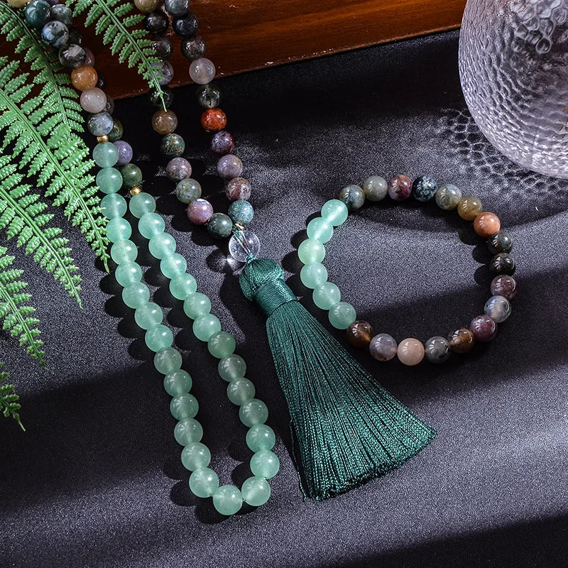 8mm Indian Agate Green Aventurine 108 Beads Japamala Necklace Bracelet Set Meditation Yoga Blessing Men and Women Jewelry