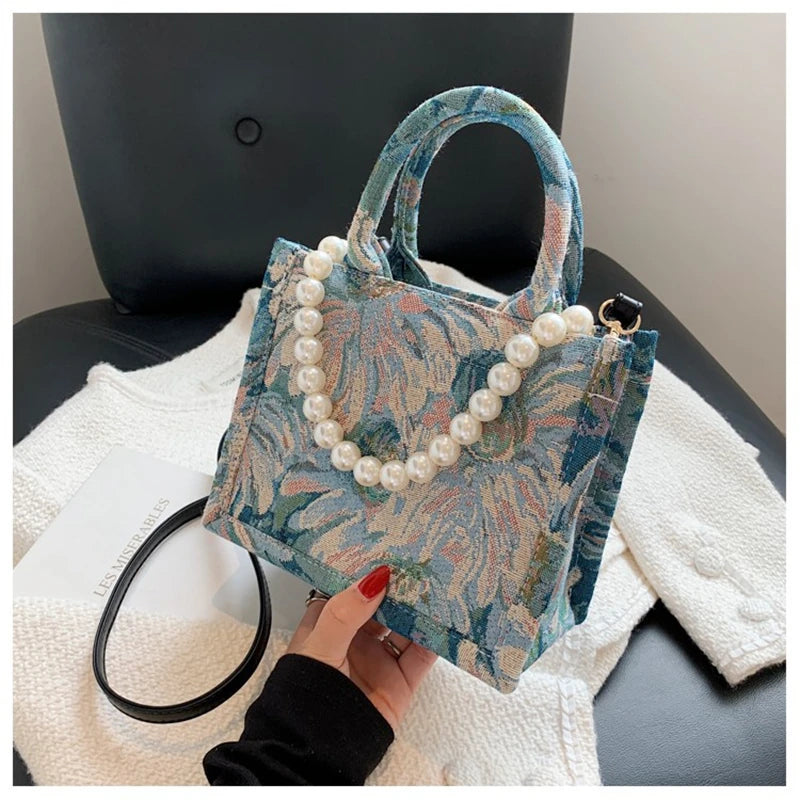 Hemasa Autumn  Woman Canvas Tote Bag Pearl Bead Decorated Crossbag