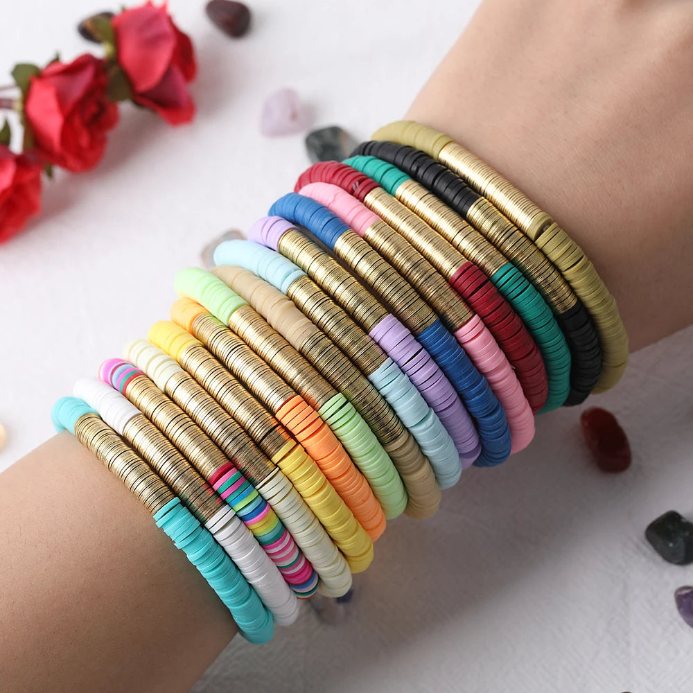 10Pcs Rainbow 6mm Polymer Clay Heishi Disc Beads Elastic String Bracelet Fashion Women Vinyl Flat Beads Boho Bracelet Jewelry