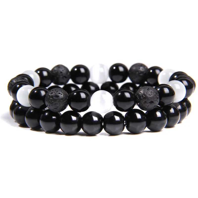 Fashion 2pcs Bead Bracelet Men Natural Tiger Eye Hematite Obsidian Beaded Bracelets Homme Energy Stretch Bracelet Men Jewelry