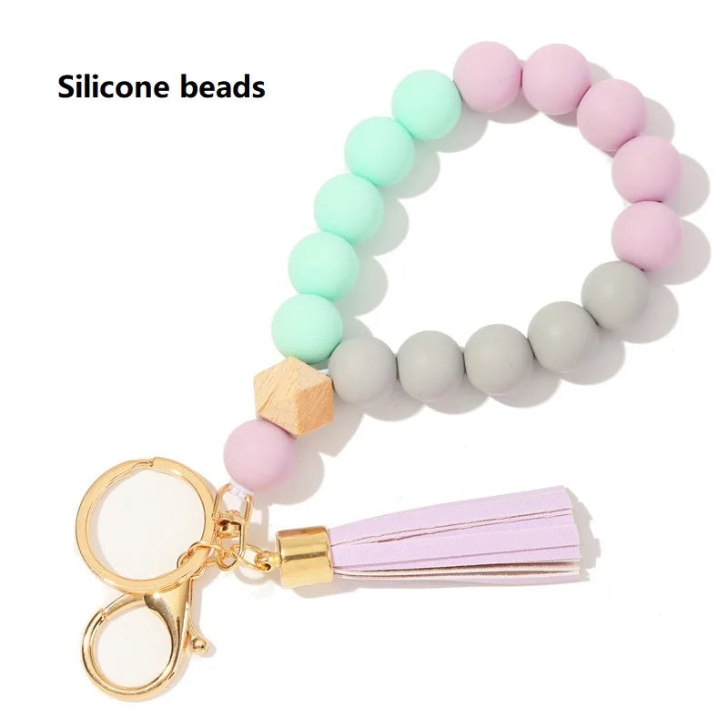 Silicone Keychain For Keys Tassel Wood Beads Bracelet Keyring For Women Multicolor Beads Keychain Fashion Keychain Wholesale