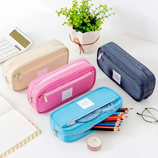 Simple Pencil Case Double Layer Large Capacity Pencilcase Kids School Supplies Pen Box Student Pouch Stationery Gift