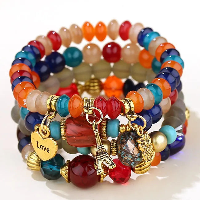 Candy Color Multilayer Bohemia Bracelets Resin Beads Stone Bracelets Sets Bijoux Owl Charm Bracelet Femme Jewelry