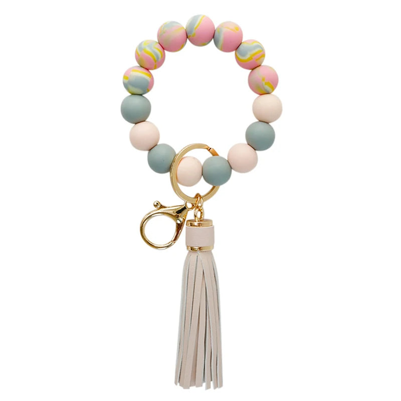 Silicone Keychain with Safe Card Picker Rainbow Color Silicone Beads Women Keyrings Barcelet Fashion Keychains For Keys Bag Car