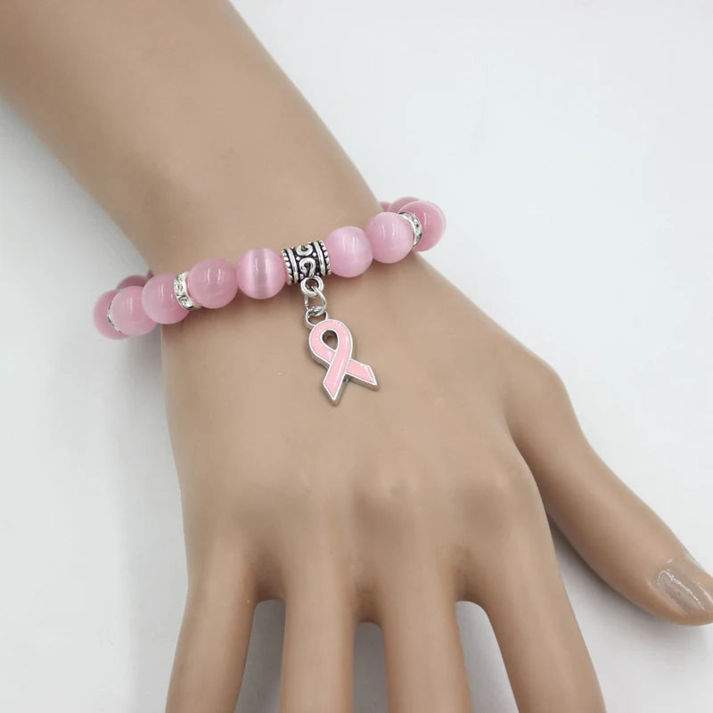 Hemasa  Breast Cancer Awareness Jewelry White/ Pink Opal Beaded Bracelet with Ribbon Charm
