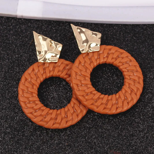 New Trendy Geometric Round Drop Earring for Women Rattan Braid Big Circle Gold Color Metal Wedding Party Statement Jewelry Gift